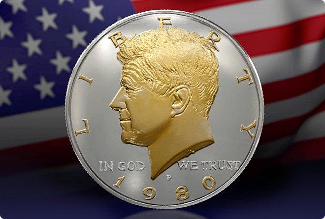 A 3d image of a Kennedy Half Dollar coin rotating and glinting in front of the American flag