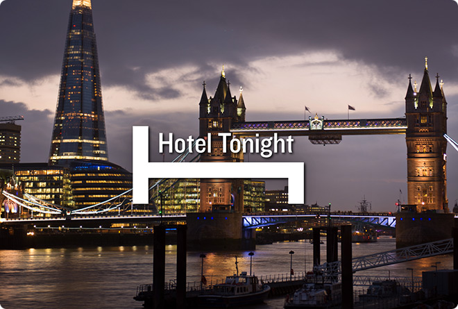 Hotel Tonight logo on top of an image of the Thames featuring the Shard and Thames Bridge