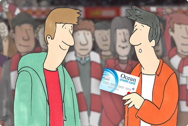 Cartoon friends talking about Ocean Finance credit card at football match