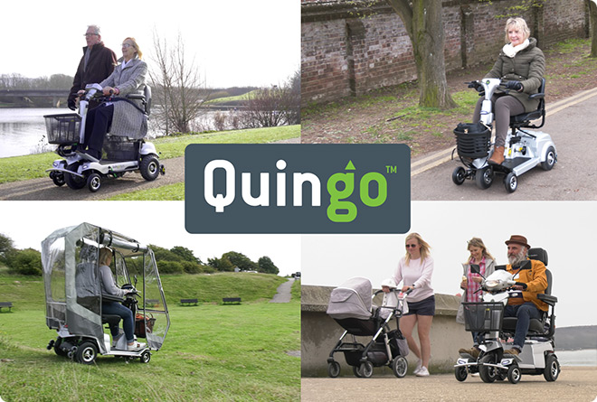 Four different people using Quingo mobility scooters with a Quningo logo in the middle of the picture